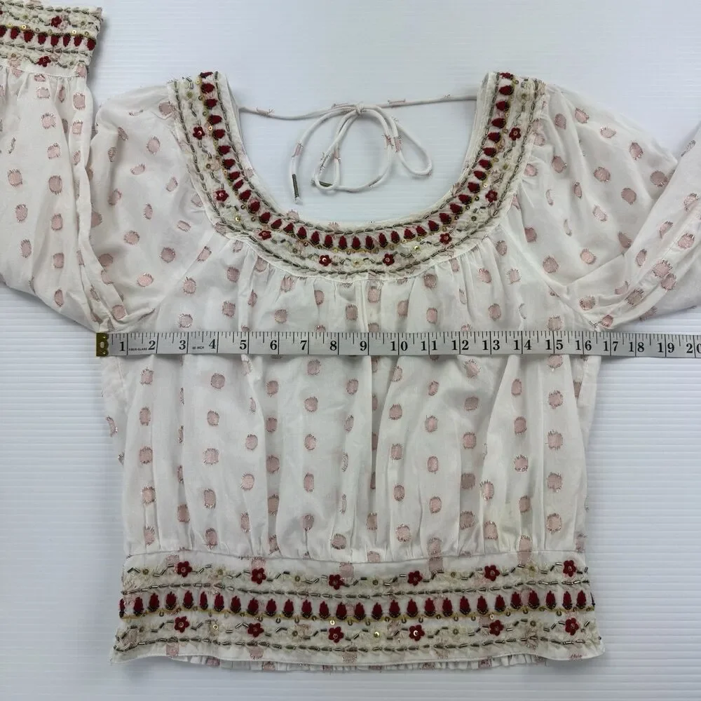 Anthropologie Beaded Embroidered Peasant Crop Top Small Boho India Metallic Dot